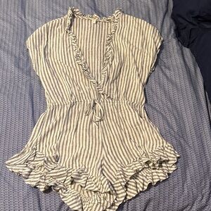 Elan Blue and White Striped Ruffle Jumpsuit